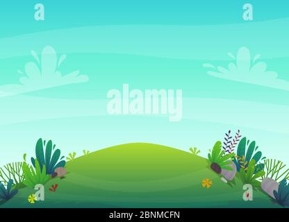 herbe gaie prairie au parc arbres et arbustes fleurs paysage arrière-plan. illustration vectorielle de la forêt nature heureux style de dessin animé Illustration de Vecteur