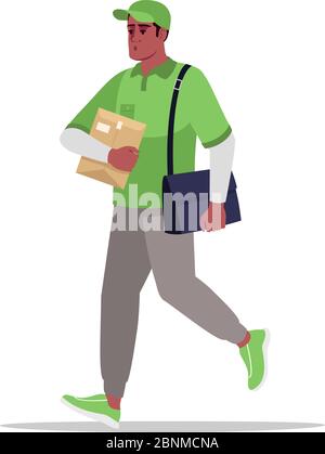 Illustration vectorielle de couleur RVB semi-plate pour la livraison du courrier. Postman en chemise avec sac. Employé avec emballage carton pour commande. Courier africain masculin en vert uniforme isolé personnage de dessin animé kit Illustration de Vecteur