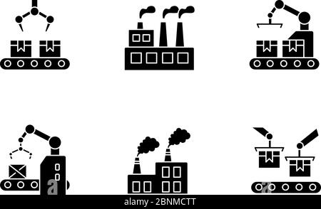 Icônes de glyphe noir de production usine définies sur un espace blanc. Tapis convoyeur d'usine avec boîtes. Emballage automatique en usine. Procédé de fabrication de l'installation. Symboles de silhouette. Illustration vectorielle isolée Illustration de Vecteur