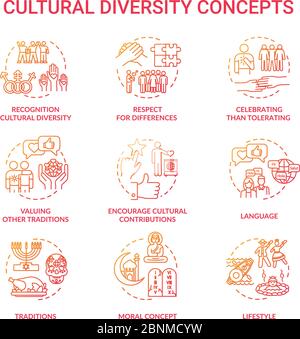 Ensemble d'icônes rouges de concept de diversité culturelle. Respect de la nationalité différente. L'égalité ethnique multiple dans les illustrations de groupe de lignes fines RVB. Mises en plan vectorielles isolées Illustration de Vecteur