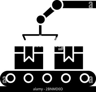 Icône de glyphe noir de production. Tapis transporteur avec boîtes en carton. Emballage automatique en usine. Opération d'assemblage avec conteneurs. Symbole de silhouette sur un espace blanc. Illustration vectorielle isolée Illustration de Vecteur