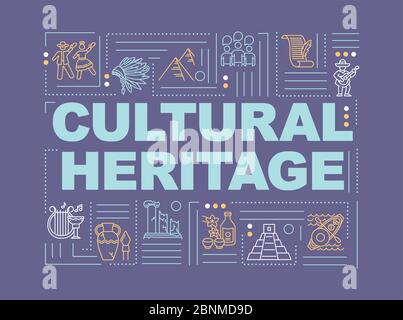 Bannière concepts de mot culture et histoire. Artefact antique. Folklore et coutumes. Infographies avec icônes linéaires sur fond violet. Typographie isolée. Illustration de couleur RVB avec contour vectoriel Illustration de Vecteur