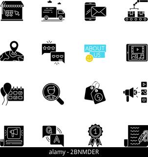 Les icônes de glyphe noir de l'histoire des médias sociaux sont placées sur un espace blanc. Achats en ligne. Livraison express. Expédition mondiale. Boutique Internet. Produit le plus vendu. Symboles de silhouette. Illustration vectorielle isolée Illustration de Vecteur