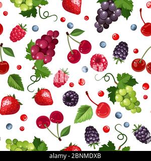 Fond vectoriel sans couture avec fraises, framboises, raisins, mûres, cerises, bleuets et baies actuelles. Illustration de Vecteur