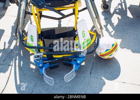 Valence, Espagne. 15 février 2020 - Journée sportive adaptative. Détail d'un fauteuil de football ou de football adaptatif Banque D'Images