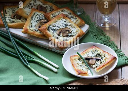 Choux au fromage, aux épinards et aux champignons, servis avec du vin et des oignons verts. Style rustique. Banque D'Images