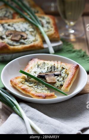 Choux au fromage, aux épinards et aux champignons, servis avec du vin et des oignons verts. Style rustique. Banque D'Images