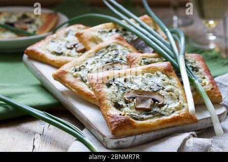 Choux au fromage, aux épinards et aux champignons, servis avec du vin et des oignons verts. Style rustique. Banque D'Images