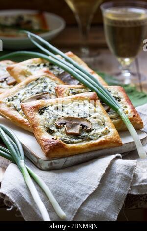 Choux au fromage, aux épinards et aux champignons, servis avec du vin et des oignons verts. Style rustique. Banque D'Images