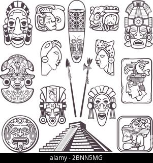 Ensemble de symboles de culture maya pour photos monochromes. Masques tribaux et totems Illustration de Vecteur