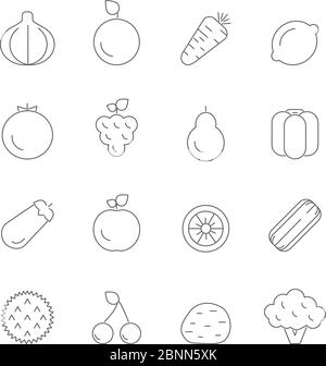 Différentes icônes de fruits et légumes. Images linéaires vectorielles Illustration de Vecteur