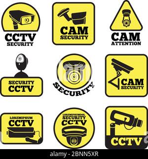 Étiquettes de vidéosurveillance. Illustrations vectorielles avec symboles d'alertes radars Illustration de Vecteur