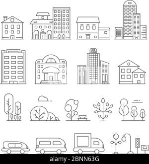 Bâtiments et objets urbains. Images linéaires vectorielles de voitures, de maisons et d'arbres urbains Illustration de Vecteur