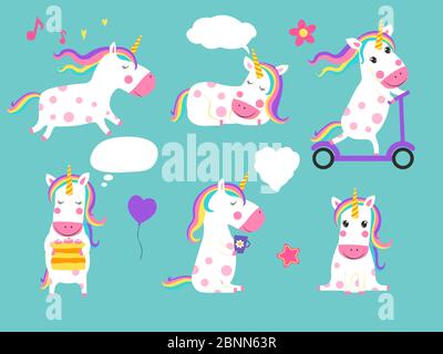 Mignon vecteur unicorns de l'ensemble. Personnages de dessin animé isolés Illustration de Vecteur