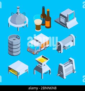 Production de bière isométrique. Outils vectoriels de brasserie Illustration de Vecteur