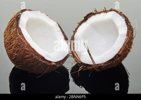 Noix de coco fraîche hachée en deux moitiés sur fond gris avec reflet. Produit biologique végétalien. Banque D'Images