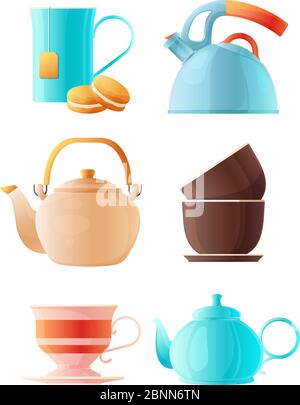 Ensemble de théières. Images vectorielles de la tasse de thé et de diverses bouilloires Illustration de Vecteur