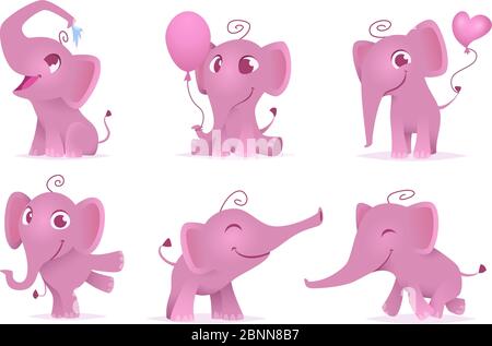 Des éléphants adorables. Mignon et drôle heureux de bébé africain animaux amour émotions vecteur personnages de bande dessinée isolés Illustration de Vecteur