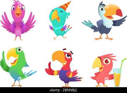 Personnages de caricature perrodés. Oiseaux à plumes mignons avec des ailes colorées Parrot exotique drôle diverses actions pose des images vectorielles isolées Illustration de Vecteur