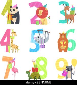 Nombre d'animaux. Fête amusante invitation pour les enfants personnages de célébration animaux de la faune zoo vecteur caricatures mascottes Illustration de Vecteur