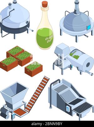 Extraction de l'huile d'olive. Production grecque de rondelle et d'huile d'olive verte industrie de la presse alimentaire agricole fabrication vecteur icônes isométriques Illustration de Vecteur