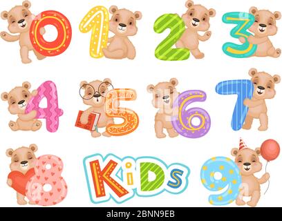 Les numéros d'anniversaire portent. Fête amusante invitation pour les enfants fête teddy ours personnages vector caricatures mascottes Illustration de Vecteur