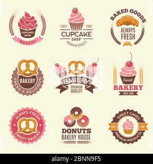 Étiquettes rétro de boulangerie. Cupcakes beignets biscuits et pain frais illustrations vectorielles vintage pour autocollants ou badges design de la boulangerie Illustration de Vecteur