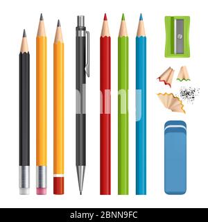 Ensemble de crayons. Outils de papeterie aiguiser, crayons de bois de couleur avec vecteur en caoutchouc illustrations réalistes isolées Illustration de Vecteur