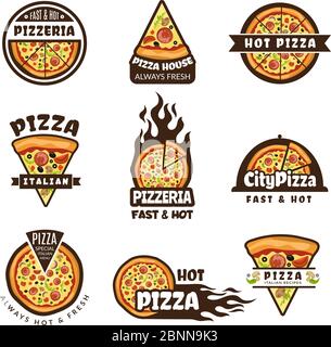 Étiquettes pour pizzas. Logo pizzeria design cuisine italienne tarte ingrédients alimentaires vecteur badges colorés modèle Illustration de Vecteur