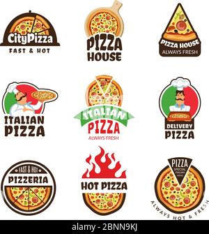 Logo de la pizzeria. Pizza italienne ingrédients restaurant cuisinier trattoria déjeuner étiquettes ou badges vectoriels de couleur Illustration de Vecteur