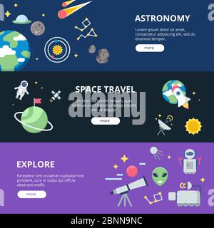 Bannières d'espace. Système de lune et solaire avec des planètes avec des satellites près de la terre et des bannières web vectorielles de navette de fusée ou de vaisseau spatial Illustration de Vecteur