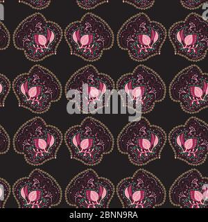 déco folk feuilles roses sur fond noir Illustration de Vecteur