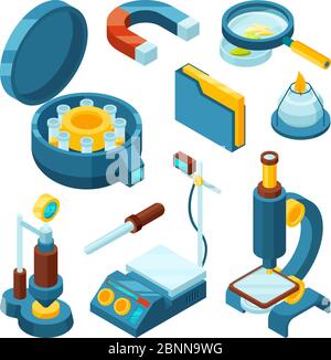Science chimique isométrique. Génie pharmaceutique biologie microscope de l'industrie moderne oscilloscope vecteur outils 3d Illustration de Vecteur