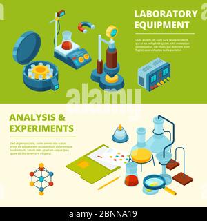 Bannières scientifiques. Expériences médicales ou chimiques salle de laboratoire et équipement vecteur images isométriques Illustration de Vecteur