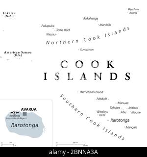 Îles Cook, carte politique grise avec la capitale Avarua. Pays insulaire autonome dans l'océan Pacifique Sud en libre association avec la Nouvelle-Zélande. Banque D'Images