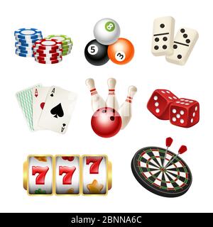 Icônes de jeux de casino. Jouer aux cartes bowling domino darts dés vecteur illustrations réalistes des outils de jeu Illustration de Vecteur