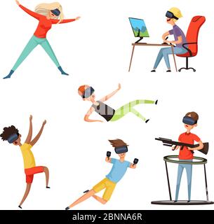 Joueur de réalité virtuelle. Personnages drôles et heureux jouant en ligne des jeux VR casque Virtual casque ou des lunettes. Illustrations vectorielles Illustration de Vecteur