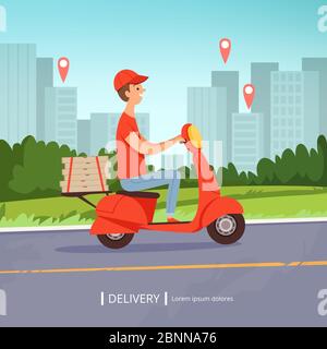 Livraison de pizza. Nourriture fraîche livraison rapide homme rouge moto parfait service d'affaires paysage urbain. Image vectorielle Illustration de Vecteur