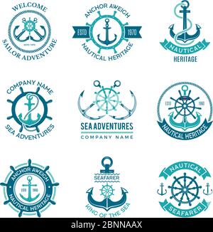 Logo Marine. Emblème de vecteur nautique avec ancrages de navire et volant. Symboles monochromes pour les badges du voilier de croisière Illustration de Vecteur