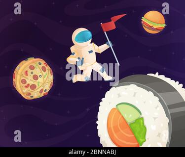 Astronaute sur la planète alimentaire. Fantastique espace monde avec des bonbons fast food Burger pizza et de divers bonbons étoiles fantastique ciel vecteur fond Illustration de Vecteur