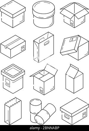 Symboles de contour de la boîte. Papier bois ou carton paquets d'exportation vecteur Isométrique icônes isolées Illustration de Vecteur