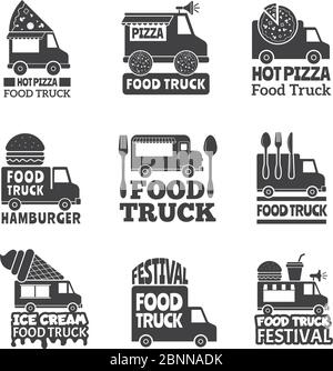 Camion de la nourriture. Service de restauration rapide de rue, porte-noms ou logo Vector pour fourgonnette mobile Illustration de Vecteur