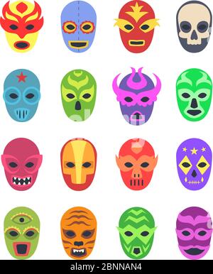 Masques de lutte. Les combattants martiaux mexicains vêtements de sport couleur lucha libre collection de vecteur masqué Illustration de Vecteur