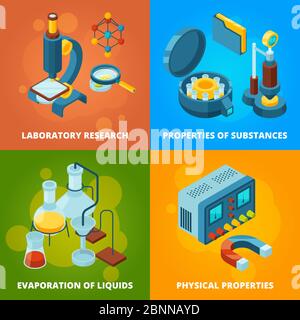 Équipement scientifique. Essais de chimie recherche laboratoire classe école laboratoire vecteur isométriques images de concept Illustration de Vecteur
