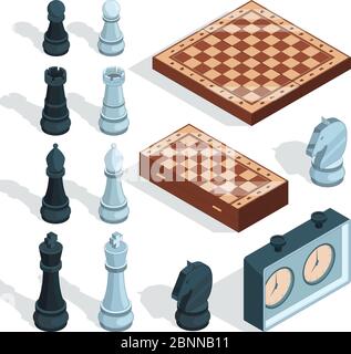 Jeu de société d'échecs. Tactique stratégique de divertissement checkmate rook pièces alcazar chevalier figures vecteur isométrique Illustration de Vecteur