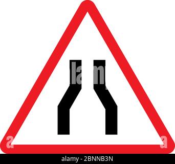 Route étroite devant le véhicule. Panneau triangle rouge. Illustration de Vecteur