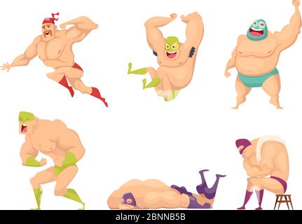 Lutteur musclé. MMA chasseur en costume spécial mexicaine libre fantaisie luchador vecteur personnages isolés Illustration de Vecteur