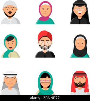 Icône Islam People. Web arabic avatars musulmans chefs de sexe masculin et féminin dans hijab niqab vecteur saoudiens visages dans le style plat Illustration de Vecteur