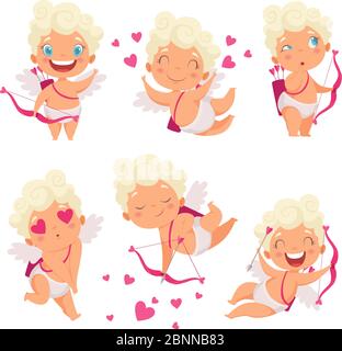 Personnages Cupid Angels. Amur chasseur bébé eros grèce romantique mignon enfants avec Bow vector mascotte poses Illustration de Vecteur