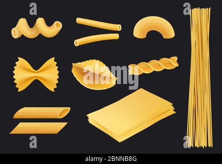 Icône réaliste des pâtes italiennes. Nourriture traditionnelle spaghetti macaroni fusilli cuisson des ingrédients jaunes vecteur images isolées Illustration de Vecteur